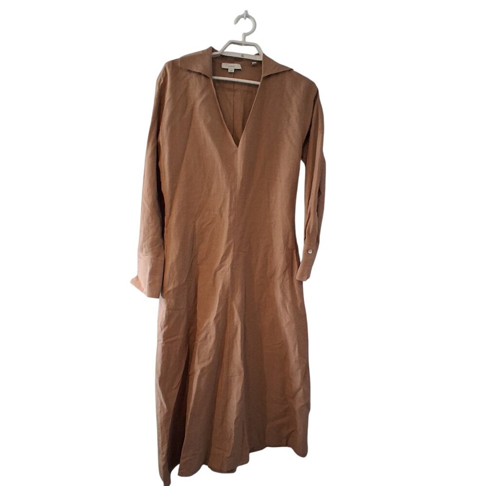 Vince. dress womens Medium cotton linen blend midi tan khaki minimalist pckts